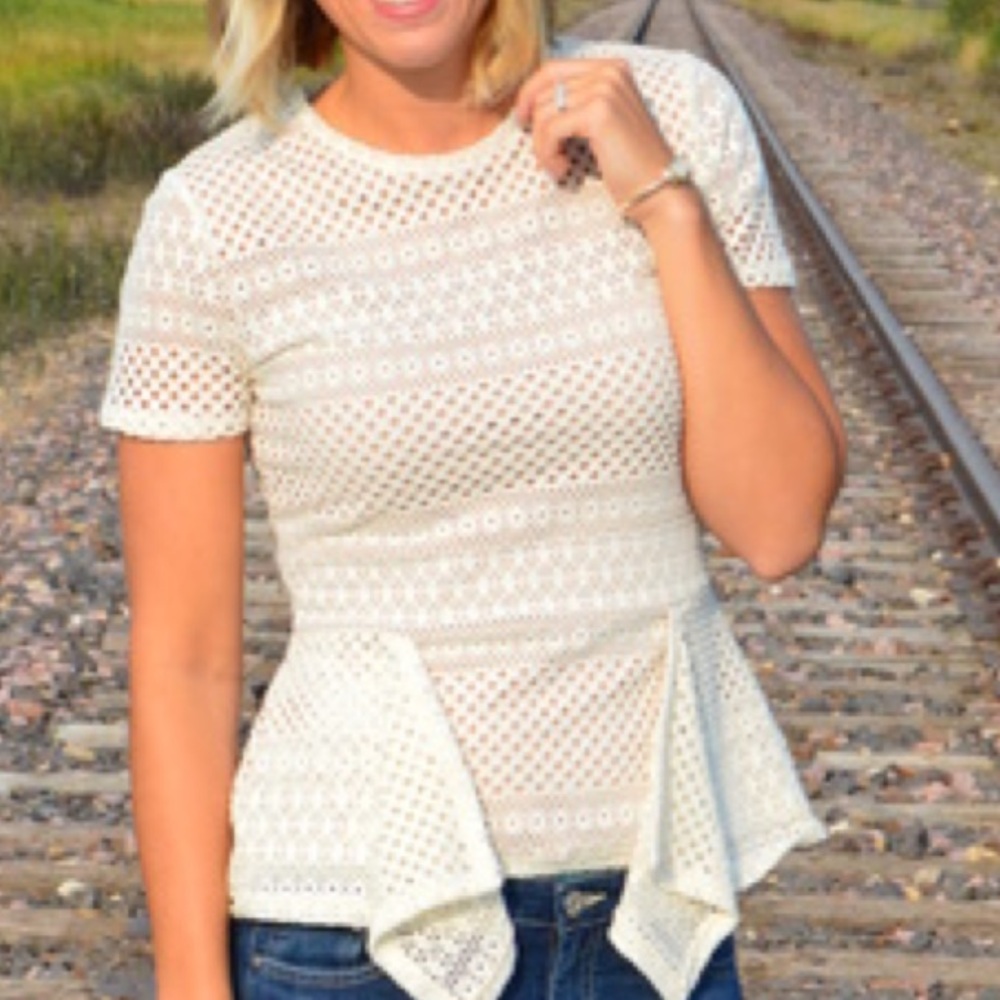 BCBG Eyelet Nude Peplum Blouse